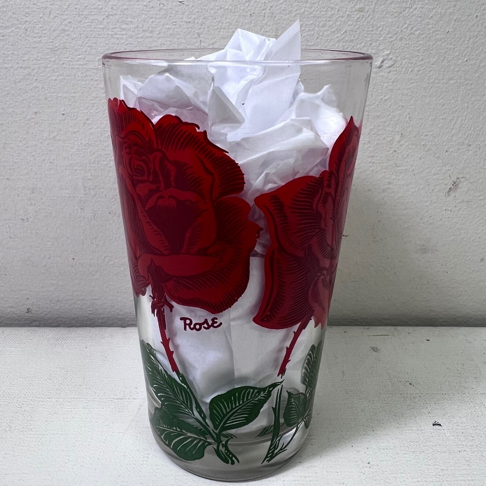 Vintage Red Rose Floral Clear Glass Tapered Tumbler Drinking Glass Rose 5"